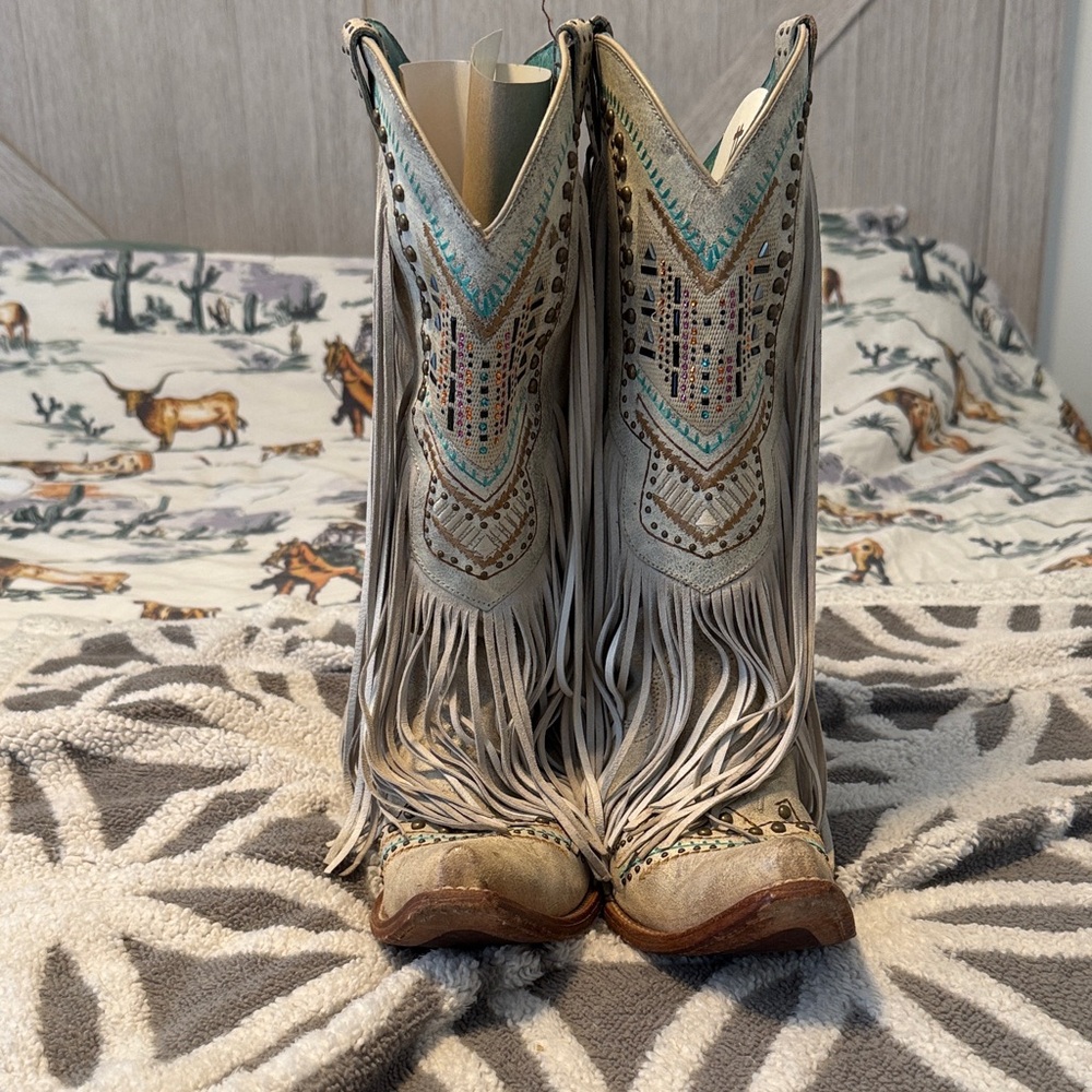 Corral Fringe Embellished Heeled Boots - Cream/bone and Brown